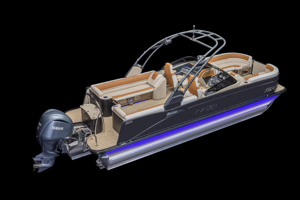 A sleek, modern pontoon boat with a Yamaha outboard motor. The boat features a spacious deck with beige seating, a control console, and a stylish arch overhead. The hull is black with LED lighting along the sides, and the boat is set against a black background.