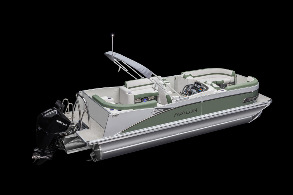 The Catalina Elite pontoon boat, featuring green and white seating, a steering console, and an outboard motor, is presented against a black background. The exterior boasts the "Avalon" brand logo and includes silver pontoons as well as a canopy frame.