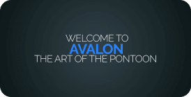 Text reading "Welcome to Avalon, the Art of the Pontoon" is displayed in the center of a dark, gradient background. The word "Avalon" is highlighted in blue, while the rest of the text is in white.
.